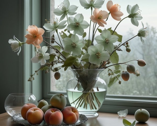 Bouquet of Peach and Green Flowers in Glass Vase