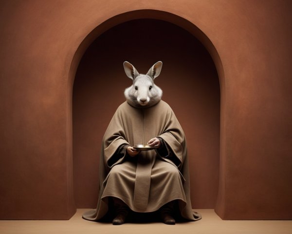 Serene Figure in Earthy Robe with Rabbit Mask
