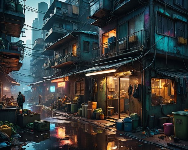 Narrow Dimly Lit Urban Alley with Weathered Buildings