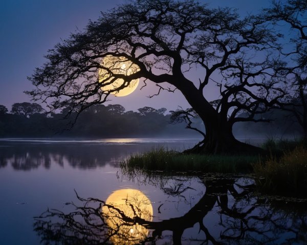 Twilight Scene with Tree and Full Moon Reflection