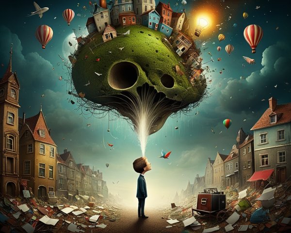 Boy gazing at floating island amidst discarded papers