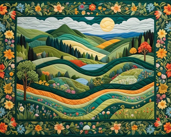 Vibrant Quilted Landscape of Hills and Water