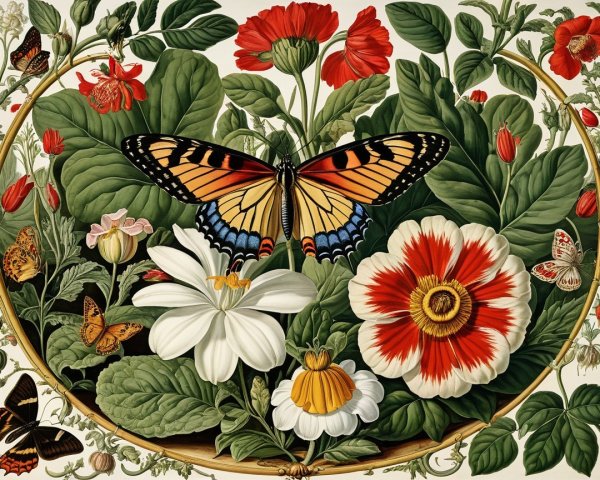 Colorful Floral Arrangement with Butterflies and Leaves
