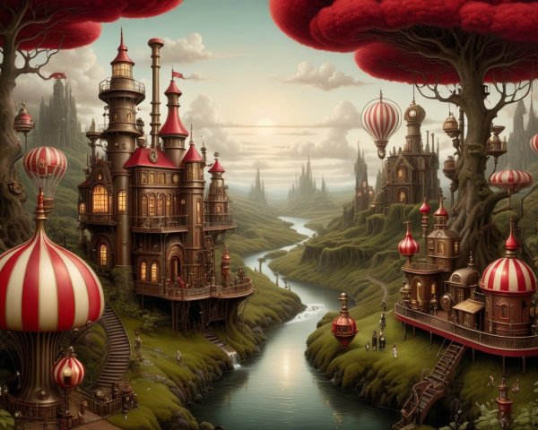 Whimsical Landscape with Castles and Hot Air Balloons