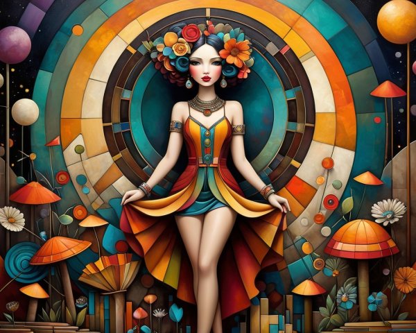 Vibrant Woman Surrounded by Colorful Flowers and Patterns