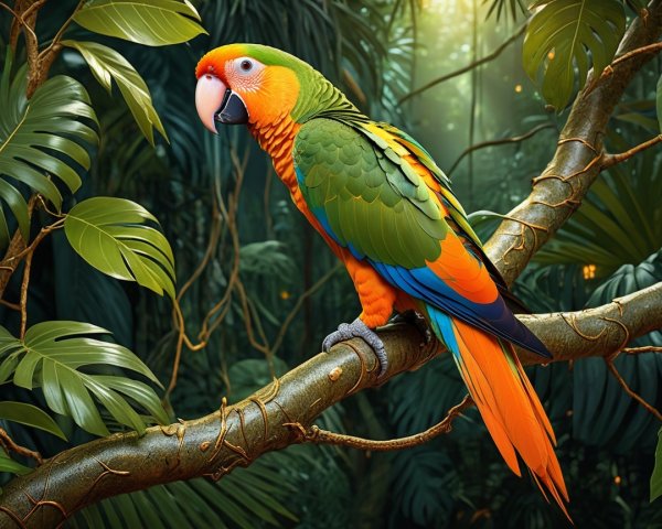 Vibrant Parrot on Twisted Branch in Tropical Jungle
