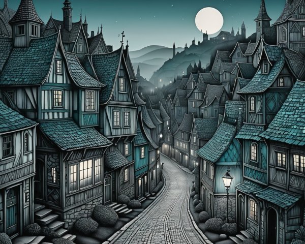 Fantasy Village Street at Night with Moonlit Sky