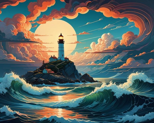 Vibrant Sunset Over Lighthouse on Rocky Cliff