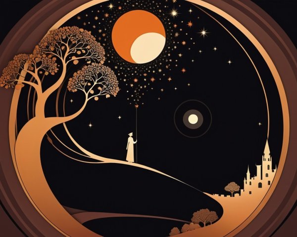 Whimsical Dusk Landscape with Crescent Moon and Castle