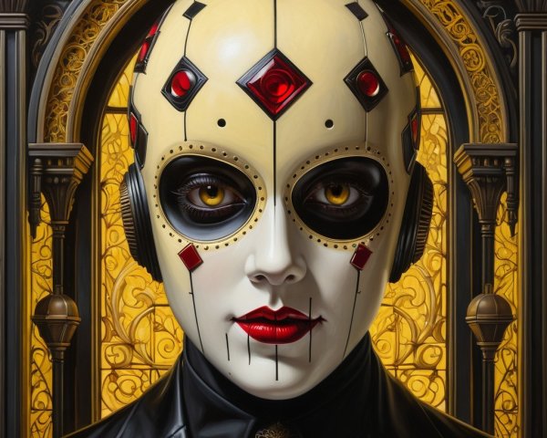 Surreal Figure with Geometric Designs and Elegant Attire