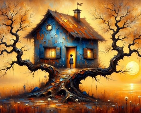 Whimsical House on a Twisted Tree at Sunset