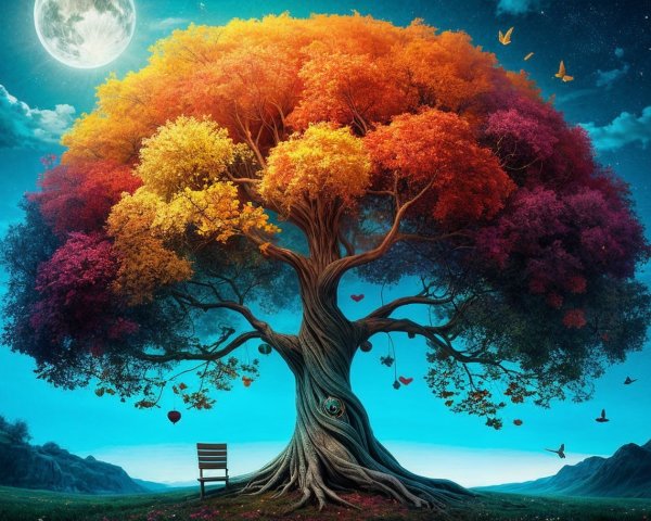 Majestic tree with multicolored leaves in moonlit scene