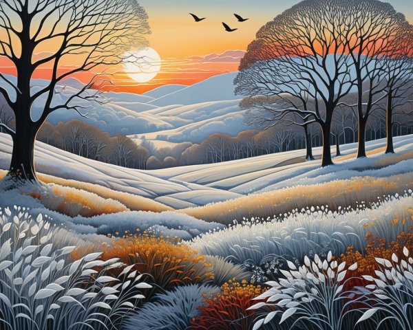 Winter Landscape at Sunset with Snow and Silhouetted Trees