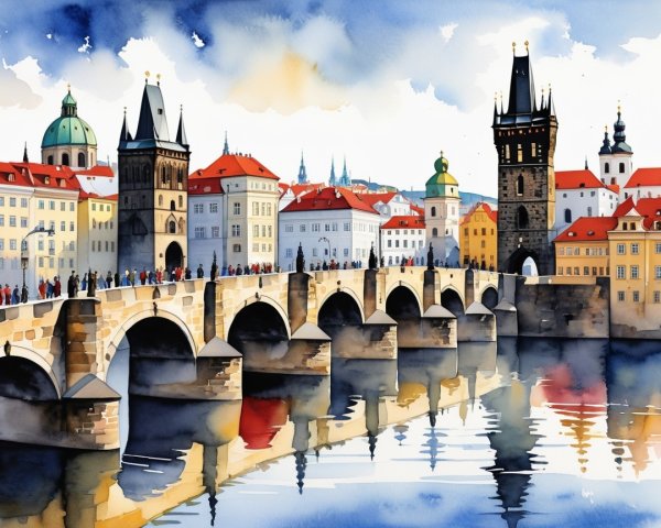 Watercolor of Historic Bridge and Tranquil River Scene