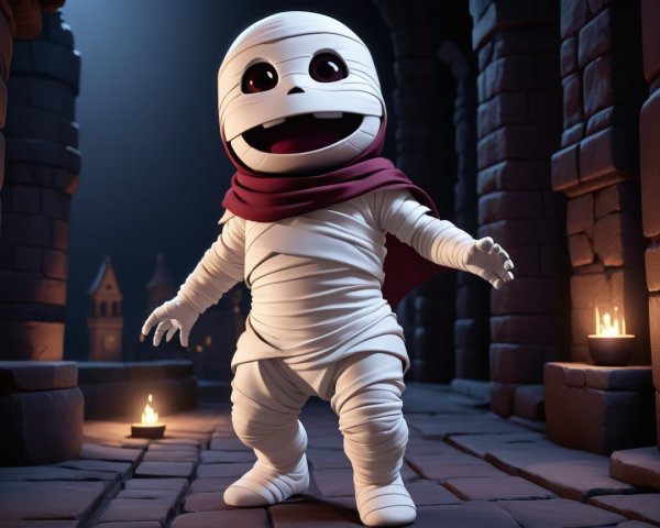 Cartoonish mummy in a dimly lit stone setting
