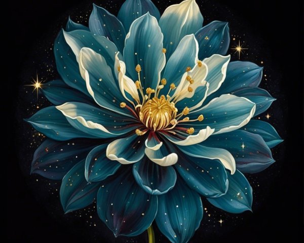 Large blue flower with intricate petals and gold accents