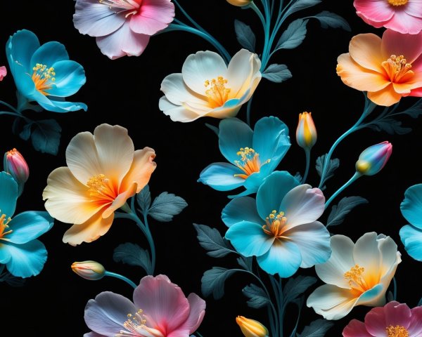 Vivid Floral Pattern with Colorful Blossoms and Leaves