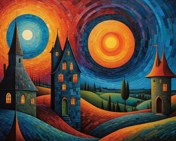 Vibrant Abstract Landscape with Two Large Suns