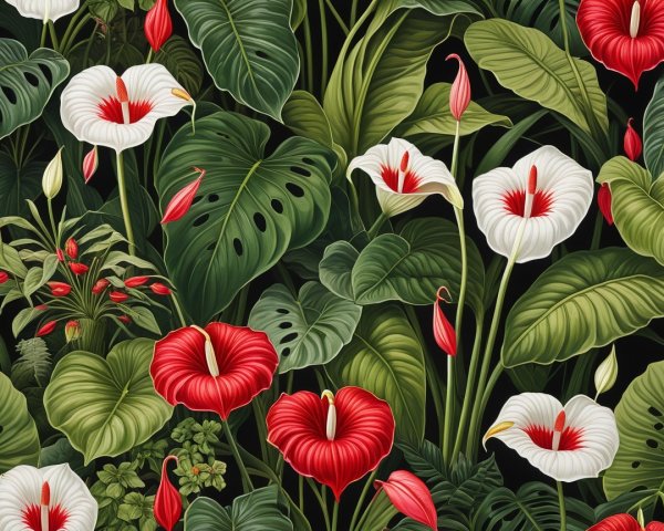 Vibrant Tropical Scene with Lush Foliage and Flowers