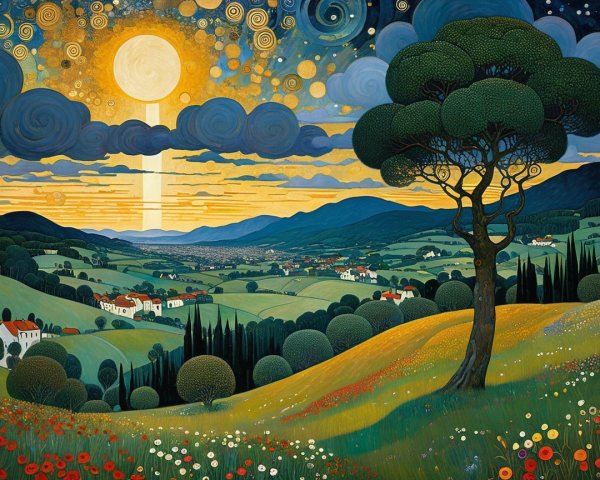 Vibrant Landscape with Swirling Sky and Village