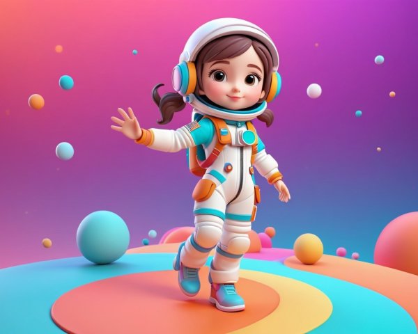 Cartoon Girl Astronaut in Abstract Colorful Landscape