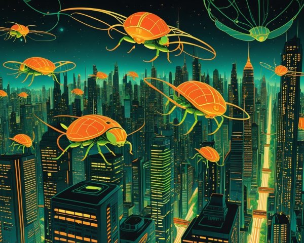 Urban Cityscape with Colorful Buildings and Creatures