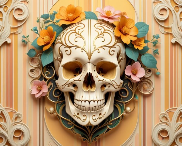 Ornate Sugar Skull on Striped Beige and Yellow Background