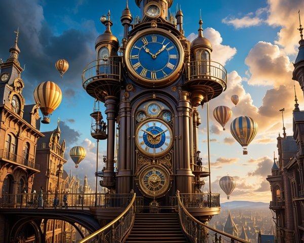 Steampunk Clock Tower with Hot Air Balloons at Sunset
