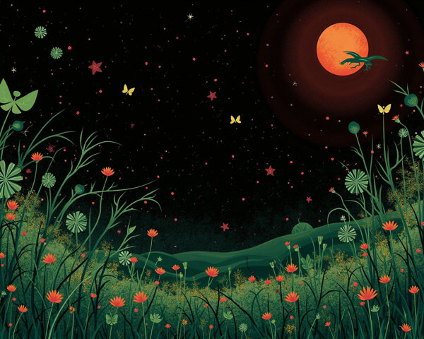 Whimsical Night Sky with Red Moon and Dragon Illustration