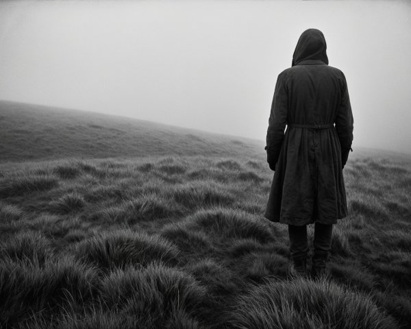 Solitary Figure in Foggy Monochrome Landscape