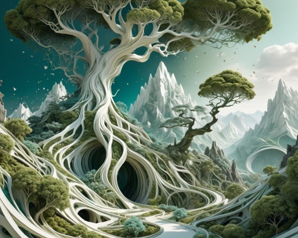 Surreal Landscape with Majestic Tree and Mountains