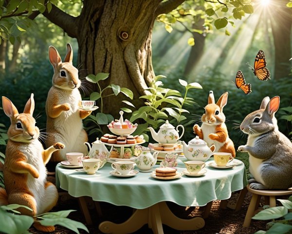 Charming Rabbits at a Whimsical Forest Tea Party