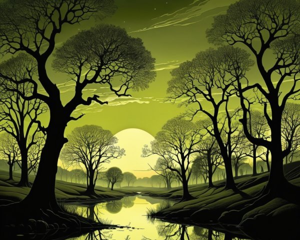 Silhouetted Trees and Green Sky in Serene Landscape