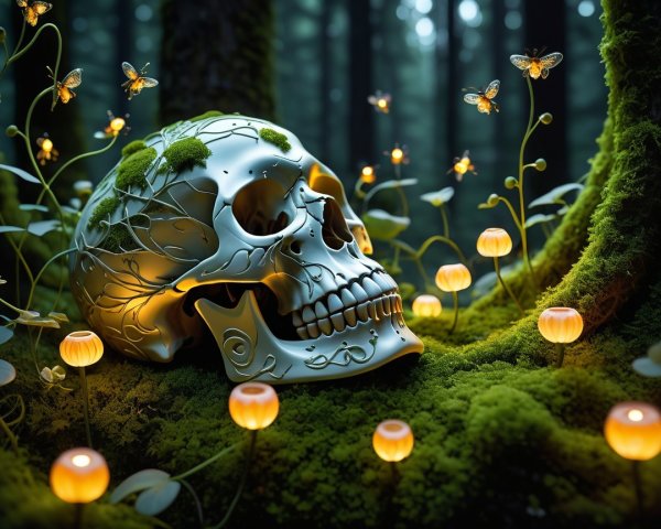 Decorative Skull with Golden Filigree in Forest Moss