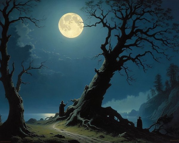 Nighttime Landscape with Moonlit Water and Trees