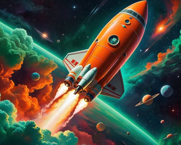 Colorful Cartoon Rocket in Imaginary Space Scene