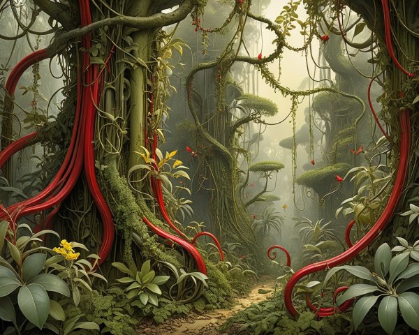 Lush Jungle with Towering Trees and Vibrant Flora