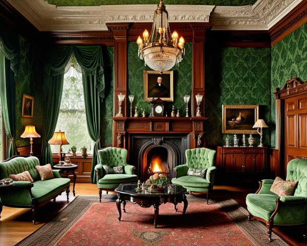 Elegant Room with Dark Wood and Green Accents
