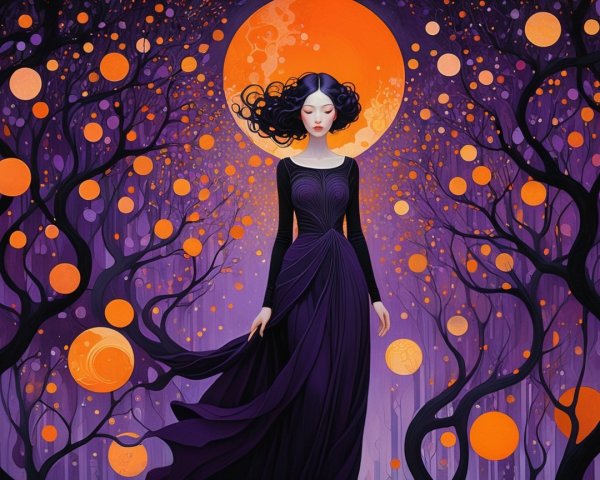 Mysterious Figure in Black Gown Under Orange Moon