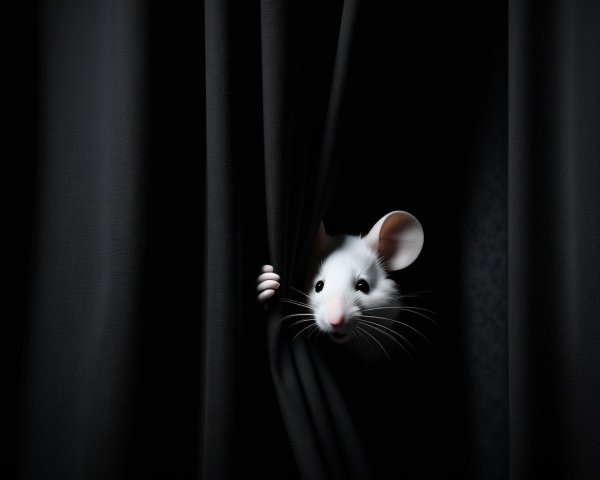 Close-up of a white mouse behind dark curtain