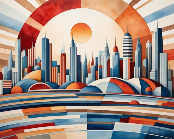 Vibrant Abstract Cityscape with Skyscrapers and Sun