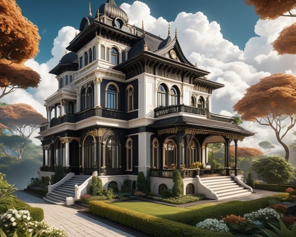 Ornate mansion with black and white facade in garden