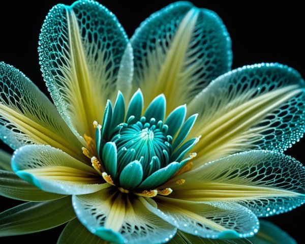 Intricate Turquoise and Yellow Flower with Water Droplets