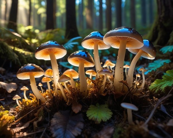 Mushrooms in a serene forest with dappled sunlight