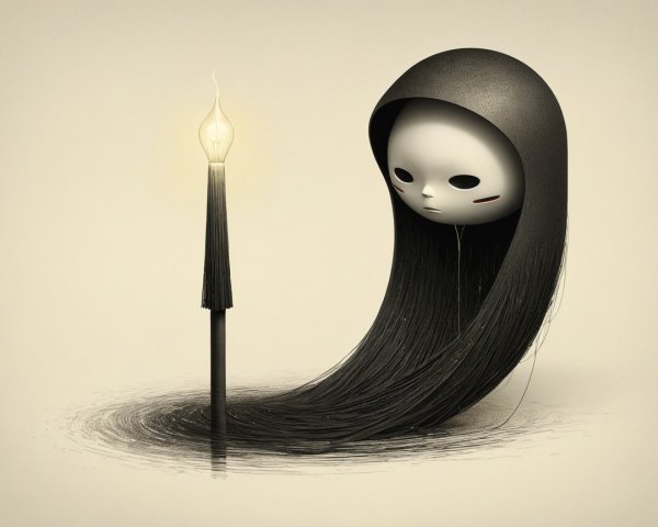 Haunting Doll Figure in Black Cloak with Candlelight