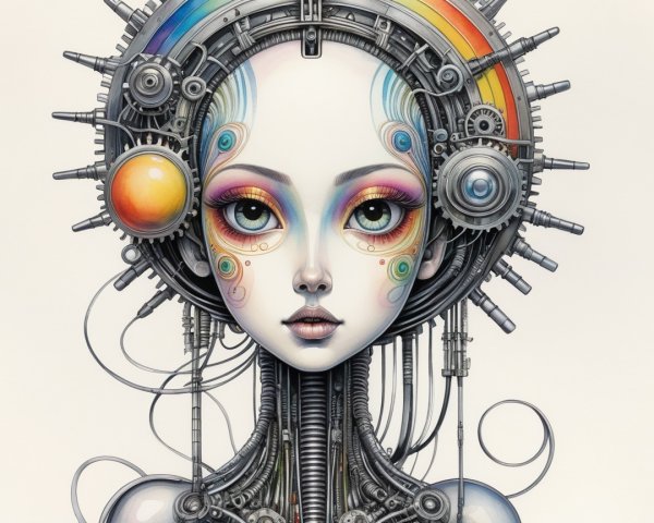 Futuristic humanoid portrait with colorful headpiece