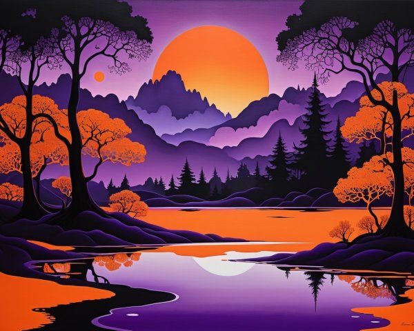 Vibrant Sunset Over Serene Lake with Silhouetted Trees