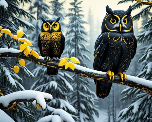Stylized Owls on Snowy Branch in Winter Forest