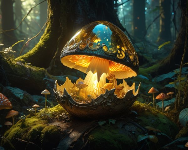 Illuminated Mushroom Structure in a Lush Forest