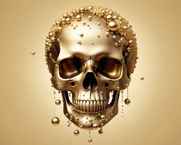 Golden Skull with Shimmering Bubbles and Glossy Texture